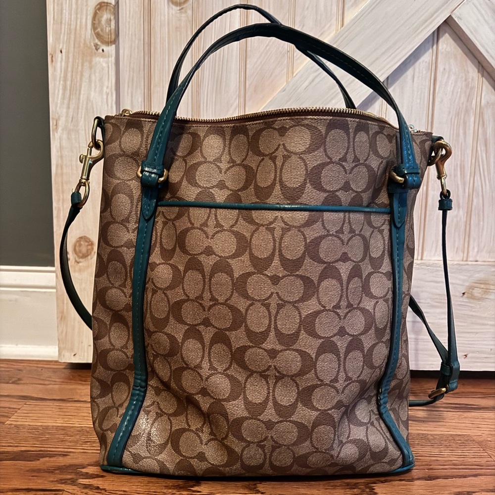 Coach Brown Signature Canvas Shoulder Bag with Teal Trim